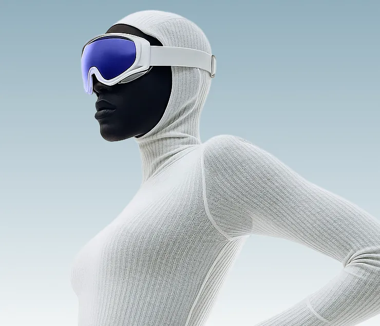 Futuristische Person mit VR-Brille in minimalistischer Kleidung – Symbol für datengetriebenes Marketing, Performance-Fokus und digitale Klarheit bei aura²wei.